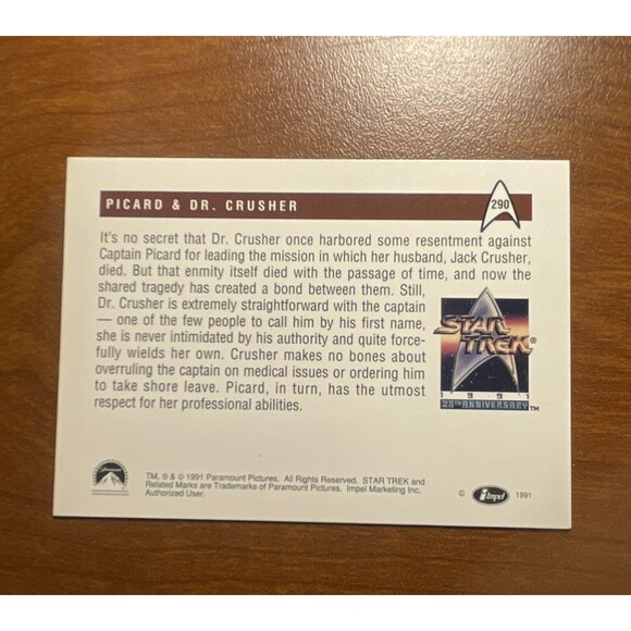 TOPPS: Star Trek Next Generation (1991) #290 "Picard & Dr Crusher" Trading Card - Picture 3 of 5